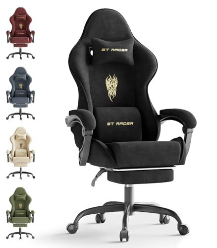 Ferghana Gaming Stuhl Ergonomisch,Gaming Chair,Atmungsaktiver Bürostuhl aus Hochwertigem Stoff,Computerstuhl mit verstellbare Kopfstütze und Lendenkissen,Armlehnen,Fußstütze,Racing PC Stuhl ,Schwarz
