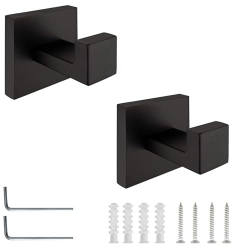 JINJUMEI 2 Pieza Colgadores de Pared Acero Inoxidable, Gancho Pared, Ganchos para Colgar Ropa Base Cuadrada Negra con Herramientas Instalación para Colgador Toallas en Baño o Cocina o Retaurante