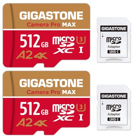 [5 Jahre kostenlose Datenwiederherstellung] GIGASTONE 512GB 2er-Pack Micro SD-Karte, Camera Pro MAX, A2 V30 für Gopro, Action Cams, 4K UHD Video, bis zu 160/100 MB/s, UHS-I U3 C10 mit Adapter