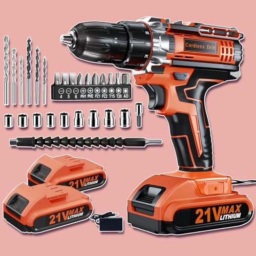 Cordless Drill Set, PowerDrill Driver and Screwdriver Set with 2 Batteries, 10mm Keyless Chuck, 42Nm Max, 25+1 ElectricDrill, 2 Speed Power Combi BatteryDrill Set with 27 Accessories for Home DIY