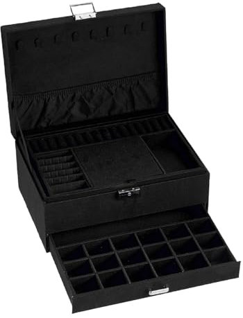 Warmiehomy 3 Layers Vintage Jewellery Box Lockable Velvet Jewelry Organiser for Earring Ring Storage Necklace Bracelets Jewellery Storage Box with Removable Dividers For Girls Women (Black)