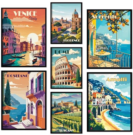ag.art deco® Premium Poster 7er Set | 7 moderne Travel Poster Italien Rome Venice Toskana Sorrento Amalfi Florence | Vintage Retro Terrakotta Mediterran Wandbilder | ohne Rahmen