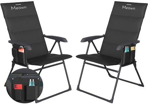 Meown Folding Camping Chairs Set of 2, 5-Position Reclining Garden Chairs | Padded comfort with easy armrest control, side pockets and folding design for relaxing outdoors at home or away Black