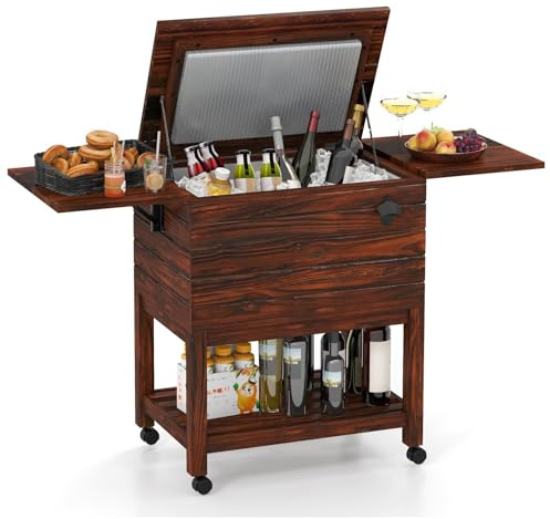 FANTASK Carrello refrigerante in legno, carrello da servizio, carrello per bevande con apribottiglie e 2 ripiani laterali e ripiano inferiore, refrigeratore per bevande, carrello frigo, refrigerante