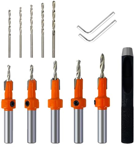Countersink Drill Bit Set – 5 Pcs Quick Change 10mm Adjustable Bits with 5 Replaceable HSS Drill Bits & 2 Wrenches for Precision Woodworking