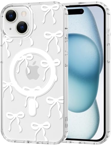 TVVTPU Magnetisch Hülle für iPhone 15 Kompatibel mit MagSafe, Aesthetic Schleifen Muster Handyhülle Nie Vergilbung Dünne Transparent Hard PC Rückseite Stoßfest Kratzfest Schutzhülle Case, Weiß