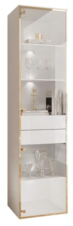 Lookway Vitrine Aurora mit LED Weiß Hochglanz mit Glasfront, Golddekor, Schubladen & Regale, Hängend oder Stehend, Modernes Design & Luxus (Stehend)