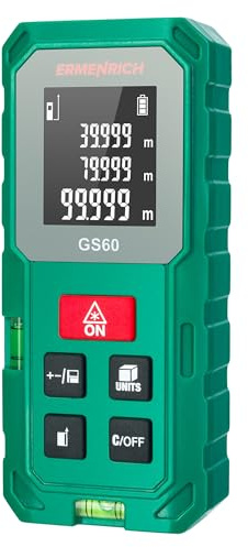 Ermenrich Reel Plus GS60 Laser-Messgerät 60M Tragbar mit Doppelter Libelle Messwerkzeug Entfernung Fläche Volumen Pythagoras-Modus Einheitenschaltung LCD-Display Speicher