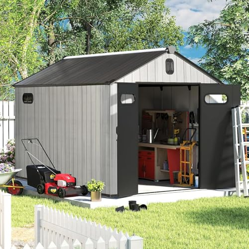 Domi outdoor living Gartenhaus Kunststoff – Wetterfest & UV-beständig, Doppelwand-Konstruktion, abschließbar, mit Dachbelüftung – Gartenschuppen für Fahrräder & Gartengeräte, Grau,230x343x237cm