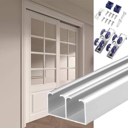 Schiebetür Schiene Schiebetürbeschlag Geräuschloses Schiebetürbeschlag-Set für 2 Türen, Schiebetürführung für Kleiderschrank, Doppelschiebetürschiene(Silver,100cm(39.4in))