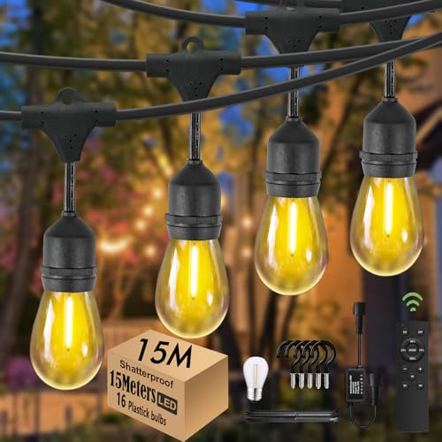 15M Festoon Lights with Remote, LED Garden Lights with 5.6M Extension Cable | 15+1 led S14 2700K Bulbs,Dimming&Timing&3 Light Modes&Memory Function, for Pergola Garden Backyard Fence, Linkable