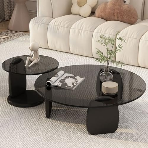 LIGUIEN Mesa de Centro Redonda Cristal, Mesa Nido Juego de 2, Mesas de Centro Pequeñas, Patas de Madera Maciza para Salón Dormitorio Oficina-Fácil de Ensamblar(Black,90+50cm/35+20)
