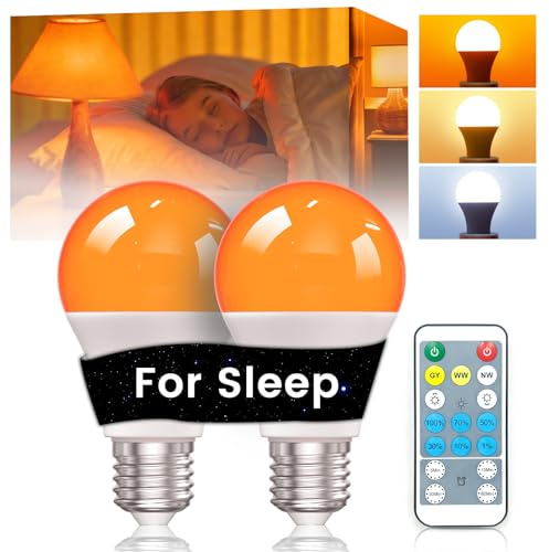 A60 E27 LED Dimmable Bulb with Remote Control, 9W E27 Screw Bulb, Amber Light Bulb, 3 CCT 1600K/3000K/6000K, Warm Light Bulbs, Blue Light Blocking for Bedroom Livingroom Ambibent Sleep, 2 Pack