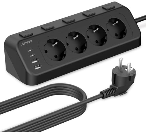 Steckdosenleiste Desktop mit USB C, JSVER 4 Fach Ecksteckdosenleiste mit Einzeln Schaltbar, Ecksteckdose 2 Type-C und 2 USB Mehrfachsteckdose 3680W/16A für Küche,Büro, 4M Kabel-Schwarz