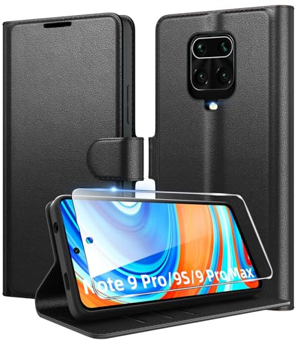 Eirltiy Coque pour Xiaomi Redmi Note 9 Pro/9S/9 Pro Max en Premium Cuir PU, Portefeuille Housse Etui pour Cartes Protection Anti-Choc Flip Case avec 1 Verre Trempé Noir