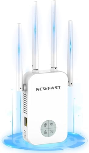 NEWFAST AC1200 Amplificador Señal WiFi, Repetidor WiFi | 5GHz y 2,4GHz, Extensor de Wi-Fi con WPS Botón, Puerto Ethernet, 4 Antena, Pantalla Inteligente, para Casa/Oficina