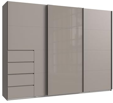 möbelando Schwebetürenschrank Bali | 270 cm | Großer Kleiderschrank in Saharagrau mit Glas | Moderner Stauraum für Schlafzimmer | Made in Germany | Platzsparend & Hochwertig