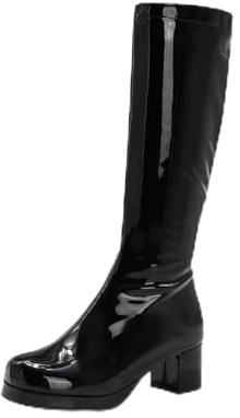 TNMIUH Stivali Alti sopra Il Ginocchio in Vernice da Donna con Tacco Largo, Stivali Gogo Anni 60 70 Retro per Festa a Tema e Carnevale, Nero/Bianco,Nero,35 EU