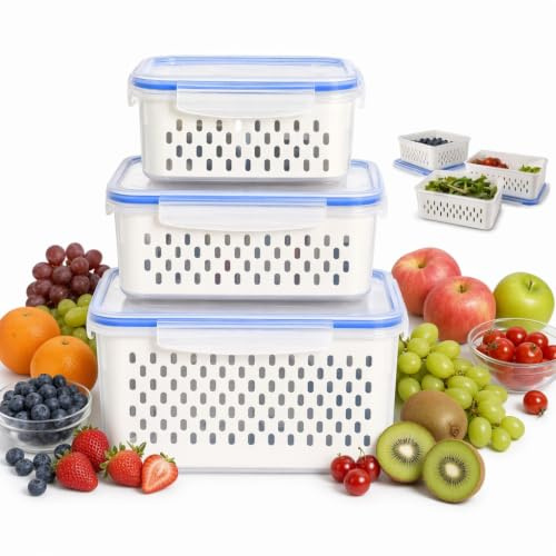 Fridge Fruit Storage Containers, Airtight Food Storage Container with Lids | Three Sizes, Removable Filters Stackable Clear Design for Fruit, Vegetable and Leftover Refrigerator Preservation