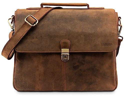 LEABAGS Leder Umhängetasche Herren Aktentasche Vintage Laptoptasche Messenger Bag für 15 Zoll Laptop, Schultertasche mit Schultergurt, Notebooktasche Leder,Arbeitstasche(Vintage Rotbraun)