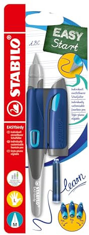 STABILO - Ergonomischer Schulfüller für Linkshänder mit Standard-Feder M - EASYbirdy in mitternachtsblau/azur - Einzelstift - inklusive Patrone und Einstellwerkzeug - Schreibfarbe blau (löschbar)