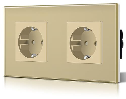 BSEED Schuko Steckdose 2 Fach EU-Standard DoppelsteckdoseWandsteckdose Kristall Glas Platte 16Amp 250 V Verlängerungssteckdosen 157mm Gold