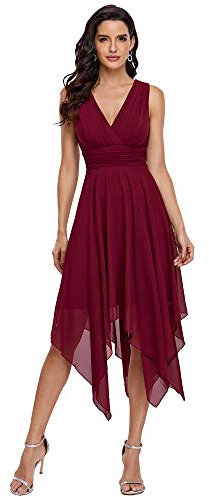 Ever-Pretty Vestido de Fiesta Escote en V sin Mangas Asimétrico Gasa Plisado para Mujer Burdeos 38