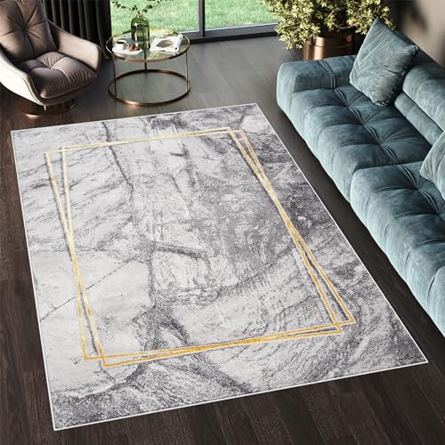 TAPISO Shine Teppich Kurzflor Grau Hellgrau Goldene Linien Design Wohnzimmer Schlafzimmer 3D Optik Modern Design ÖKOTEX 250 x 350 cm