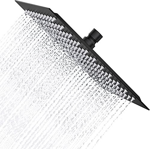 Drenky Tête de douche pluie, Pommeau de Douche Carré 25CM pomme de douche haute pression noir en acier inoxydable 304,Universelle Filetage 1/2 Pouce, Rotatif 360°, facile à installer