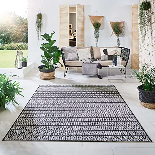 Steffensmeier Indoor Outdoor Teppich Öland Balkon Terrasse Küche Garten wasserfest Kunststoff, strapazierfähig, Streifen Schwarz Beige, 240x290 cm