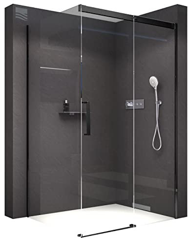 BERNSTEIN - Cabine de douche d'angle 170x80x195cm porte coulissante verre trempé ESG 8mm anticalcaire, Profilés Noir mat, Charnières réversibles gauche/droite - DX906 FLEX