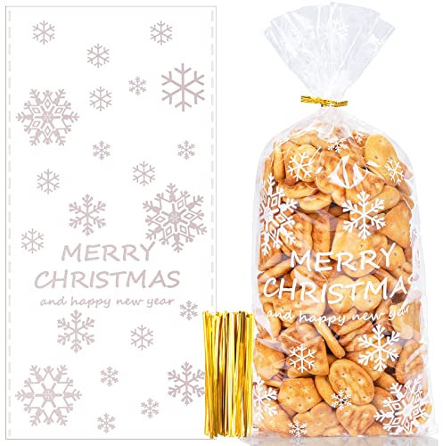 Kiiwah 50 Stück Weihnachten Plätzchentüten, Schneeflocke Cellophantüten Durchsichtige Candy Bar Süßigkeiten Tüten mit Twist Krawatten für Bonbon Plätzchen Christmas Candy bags