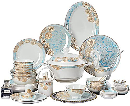 Set de Service de dîner de modèle Osmanthus, Porcelaine de Banquet Familial, 60 Ensembles de plaques, Soupe, Dessert, Bol