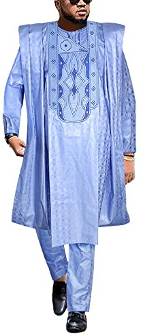 HD Traditionelle afrikanische Bazin Rhiche Kleidung für Männer Nigerianische Man's Agbada Stickerei Boubou Dashiki Outfit, Blau-69, XL