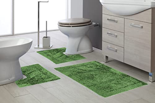 tappeto da bagno art. tenero morbido e folto assorbente con antiscivolo sotto vasca doccia lavabo lavandino bidet e wc water toilette 100% cotone (3 PEZZI (1PZ 50X80CM + 2PZ 50X40CM), VERDE SCURO)