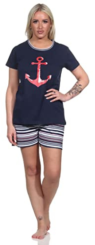 Normann Damen Shorty Pyjama mit Anker-Motiv und gestreiften Shorts - 122 205 10 755, Farbe:Navy, Größe:36-38