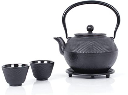 ECHTWERK Service à thé en fonte, théière 1,1 L avec passoire amovible, théière avec soucoupe, set de théières au design vintage pour la préparation de thé en vrac, noir