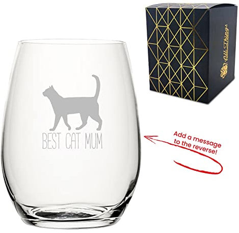 Personalised Engraved Stemless Wine Glass - Best Cat Mum Design With Custom Message, Laser Engraved, Gift Box Included - Birthday Present for Cat Lovers