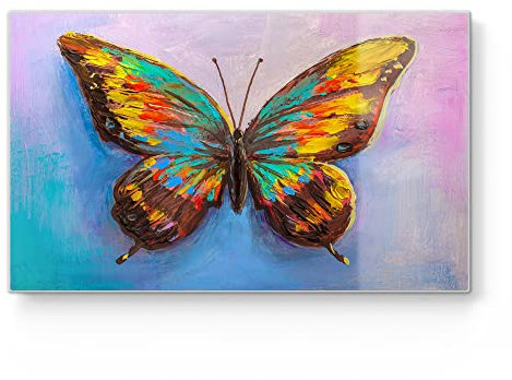 DEQORI Frühstücksbrett Glas | klein 23x14 cm | Motiv Bunter Schmetterling | Design Schneidebrett für Küche | Frühstücksbrettchen antibakteriell & rutschfest | Glasplatte & Servierplatte
