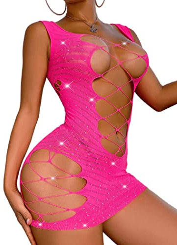 RSLOVE Lingerie Donna Sexy Babydoll A Rete Abito Mini Intimo Camicia da Notte Rosa Fluo Taglia Unica
