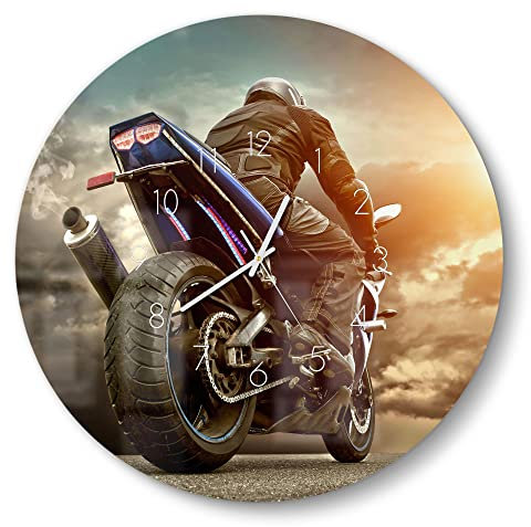 DEQORI Glasuhr | rund Ø 50 cm | Motiv Motorradfahrer vor Wolken | große XXL Design Uhr aus Glas | leise Wanduhr für Wohnzimmer & Küche | Moderne Hingucker Uhr für die Wand