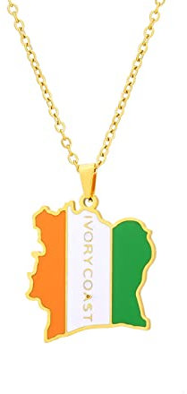 JEDTAKCT Cote D'Ivoire-Karte Mit Flaggen-Anhänger-Halskette – Retro-Tropfenöl-Weltkarte, Schlüsselbeinkette, Ethnischer Stil, Unisex, Patriotischer Charm-Schmuck, Pullover-Kette Für Paar-Halskette, G