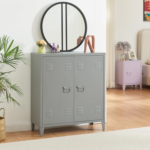 [en.casa] Metallschrank Oripää Wohnzimmerschrank 90 x 80 x 33 cm Aktenschrank Werkstattschrank mit 2 Türen und Einer höhenverstellbaren Ablage Dunkelgrau