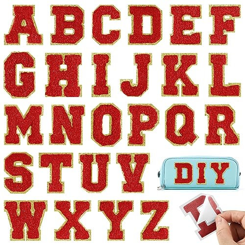 BOUBONI 26Pcs Red Chenille Letters A-Z, Self Adhesive Chenille Letter Patches for Fabric Clothing (red, 26)