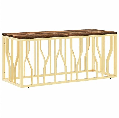 vidaXL Couchtisch, Beistelltisch mit viel Platz für Snacks Getränke, Sofatisch für Wohnzimmer, Tisch Kaffeetisch Telefontisch, Golden Edelstahl Altholz Massiv