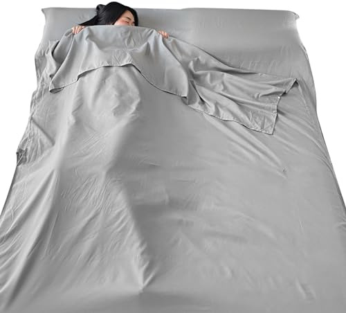 MJFENDAI Sac de couchage léger, 210 x 115 cm, drap de voyage coton avec fente d'oreiller pour le camping, la randonnée, les auberges et les voyages d'affaires