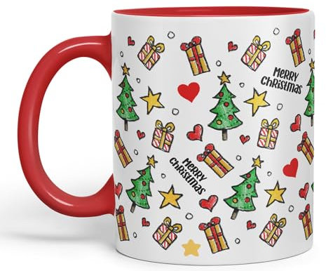 Vixar Christmas, Xmas Designs Tree Presents Coloured Ceramic Mug Cup Gift 330ml 11oz Work Office Tea Coffee Gift (Red)