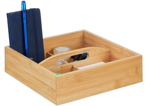 Relaxdays Bambus Organizer mit Griff, 4 Fächer, HxBxT: 6,5 x 25 x 25 cm, Aufbewahrungsbox für Büro, Bad & Küche, natur