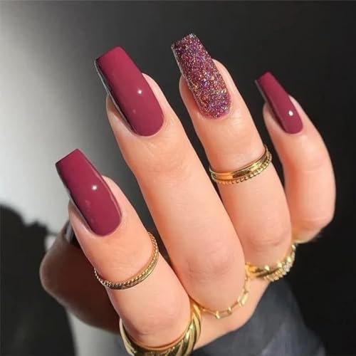 24pcs French False Nails Short - Almond Press on Nails - Full Cover Acrylic Fake Nails - False Nails With Glue Stick on Nails for Women and Girls Nail Art (Purple-Red FlashStyle)