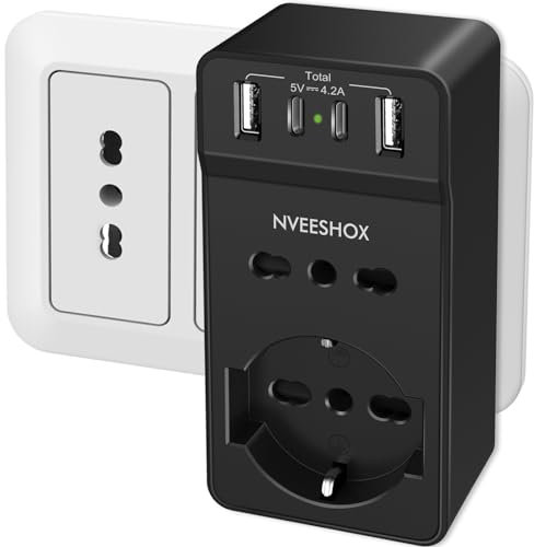 NVEESHOX Multipresa USB Salvaspazio Con Spina 16A, 1 Presa Schuko, 1 IT, 2 Porte USB A (5V 2.4A) + 2 USB C (5V 3A), Adattatore Elettrico da Muro, 4000W per Ufficio Casa